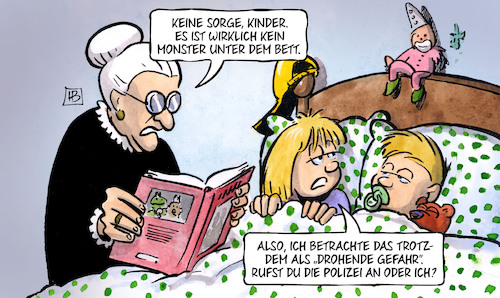 Cartoon: Drohende Gefahr (medium) by Harm Bengen tagged drohende,gefahr,kinder,oma,susemil,monster,bett,polizeiaufgabengesetz,bayern,harm,bengen,cartoon,karikatur,drohende,gefahr,kinder,oma,susemil,monster,bett,polizeiaufgabengesetz,bayern,harm,bengen,cartoon,karikatur