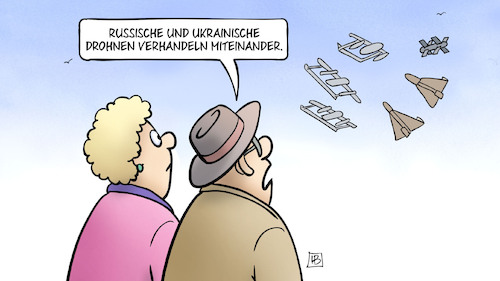 Cartoon: Drohnen im Ukraine-Krieg (medium) by Harm Bengen tagged russische,ukrainische,drohnen,verhandeln,verhandlungen,ukraine,russland,friedensgespräche,krieg,harm,bengen,cartoon,karikatur,russische,ukrainische,drohnen,verhandeln,verhandlungen,ukraine,russland,friedensgespräche,krieg,harm,bengen,cartoon,karikatur
