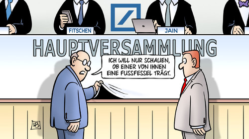 Cartoon: Dt. Bank-Hauptversammlung (medium) by Harm Bengen tagged jain,fitschen,hauptversammlung,fussfessel,deutsche,bank,prozesse,gericht,verbrechen,kriminell,aktien,harm,bengen,cartoon,karikatur,jain,fitschen,hauptversammlung,fussfessel,deutsche,bank,prozesse,gericht,verbrechen,kriminell,aktien,harm,bengen,cartoon,karikatur