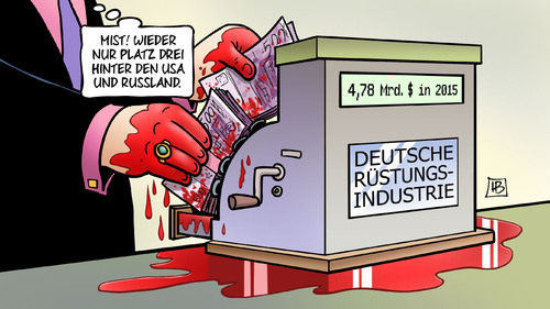 Cartoon: Dt. Rüstungsexporte (medium) by Harm Bengen tagged deutsche,deutschland,rüstungsexporte,rüstungsindustrie,waffen,blut,profit,gewinn,kasse,umsatz,friedensforschungsinstitut,sipri,platz,drei,usa,russland,harm,bengen,cartoon,karikatur,deutsche,deutschland,rüstungsexporte,rüstungsindustrie,waffen,blut,profit,gewinn,kasse,umsatz,friedensforschungsinstitut,sipri,platz,drei,usa,russland,harm,bengen,cartoon,karikatur