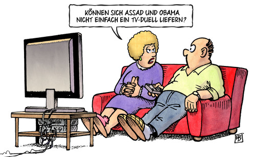 Cartoon: Duell Assad-Obama (medium) by Harm Bengen tagged tv,fernsehen,duell,steinbrueck,wahlkampf,wahl,bundestagswahl,umfragen,entscheidung,beweise,chemiewaffeneinsatz,chemiewaffen,massenvernichtungswaffen,syrien,giftgas,angriff,assad,rebellen,opposition,aufstand,krieg,usa,obama,präsident,russland,nato,israel,harm,bengen,cartoon,karikatur,tv,fernsehen,duell,steinbrueck,wahlkampf,wahl,bundestagswahl,umfragen,entscheidung,beweise,chemiewaffeneinsatz,chemiewaffen,massenvernichtungswaffen,syrien,giftgas,angriff,assad,rebellen,opposition,aufstand,krieg,usa,obama,präsident,russland,nato,israel,harm,bengen,cartoon,karikatur