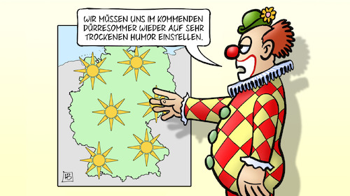 Cartoon: Dürresommer (medium) by Harm Bengen tagged dürresommer,trockener,humor,clown,wetterkarte,sonne,harm,bengen,cartoon,karikatur,dürresommer,trockener,humor,clown,wetterkarte,sonne,harm,bengen,cartoon,karikatur