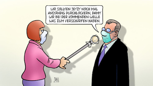 Cartoon: Durchlockern (medium) by Harm Bengen tagged durchlockern,kommende,welle,verschärfen,interview,corona,lockerungen,harm,bengen,cartoon,karikatur,durchlockern,kommende,welle,verschärfen,interview,corona,lockerungen,harm,bengen,cartoon,karikatur