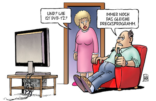 Cartoon: DVB-T2 (medium) by Harm Bengen tagged dvb,t2,tv,fernsehen,hd,empfang,drecksprogramm,harm,bengen,cartoon,karikatur,dvb,t2,tv,fernsehen,hd,empfang,drecksprogramm,harm,bengen,cartoon,karikatur