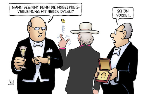 Cartoon: Dylan-Literaturnobelpreis (medium) by Harm Bengen tagged dylan,bob,musik,literaturnobelpreisverleihung,stockholm,frack,sekt,medaille,harm,bengen,cartoon,karikatur,dylan,bob,musik,literaturnobelpreisverleihung,stockholm,frack,sekt,medaille,harm,bengen,cartoon,karikatur