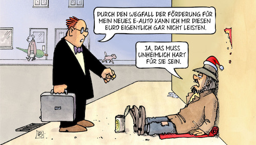 Cartoon: E-Auto-Prämie (medium) by Harm Bengen tagged wegfall,förderung,eauto,elektromobilität,euro,bettler,spende,subventionen,streichung,weihnachten,harm,bengen,cartoon,karikatur,wegfall,förderung,eauto,elektromobilität,euro,bettler,spende,subventionen,streichung,weihnachten,harm,bengen,cartoon,karikatur