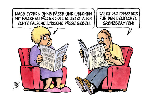 Cartoon: Echte falsche Pässe (medium) by Harm Bengen tagged echte,falsche,paesse,pass,ausweis,is,syrien,syrern,todesstoss,deutsche,grenzbeamte,terror,flucht,asyl,grenze,warnung,harm,bengen,cartoon,karikatur,echte,falsche,paesse,pass,ausweis,is,syrien,syrern,todesstoss,deutsche,grenzbeamte,terror,flucht,asyl,grenze,warnung,harm,bengen,cartoon,karikatur