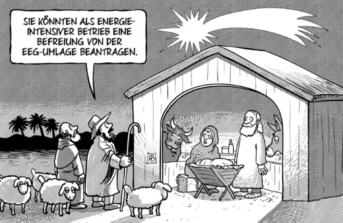 Cartoon: EEG-Umlage (medium) by Harm Bengen tagged eeg,erneuerbare,energien,gesetz,umlage,energiewende,altmaier,bundesregierung,strom,strompreis,befreiung,energieintensiver,betrieb,krippe,maria,josef,jesus,hirten,schafe,weihnachten,geburt,stern,komet,harm,bengen,cartoon,karikatur