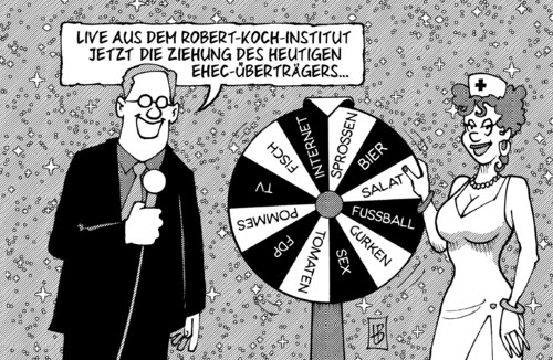 Cartoon: EHEC-Ziehung (medium) by Harm Bengen tagged ehec,ziehung,robert koch,gesundheitsminister,bahr,verbraucherministerin,krankenschwester,krankenhaus,glücksrad,robert,koch