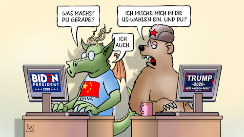 Cartoon: Einmischung US-Wahl (medium) by Harm Bengen tagged einmischung,usa,wahlen,trump,biden,china,russland,drache,baer,computer,harm,bengen,cartoon,karikatur,einmischung,usa,wahlen,trump,biden,china,russland,drache,baer,computer,harm,bengen,cartoon,karikatur