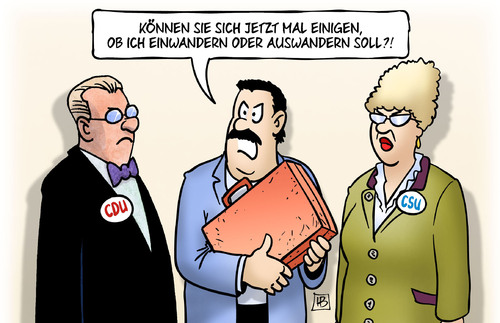 Cartoon: Einwanderungsgesetz (medium) by Harm Bengen tagged einwanderungsgesetz,einwandern,auswandern,streit,flüchtlinge,asyl,cdu,csu,harm,bengen,cartoon,karikatur,einwanderungsgesetz,einwandern,auswandern,streit,flüchtlinge,asyl,cdu,csu,harm,bengen,cartoon,karikatur