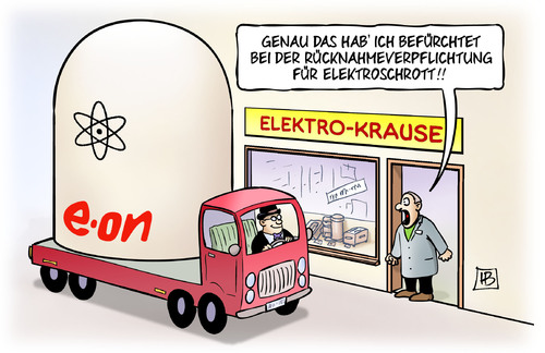 Cartoon: Elektroschrott (medium) by Harm Bengen tagged rücknahmeverpflichtung,elektroschrott,elektronik,eon,atomkraft,energiewende,harm,bengen,cartoon,karikatur,rücknahmeverpflichtung,elektroschrott,elektronik,eon,atomkraft,energiewende,harm,bengen,cartoon,karikatur