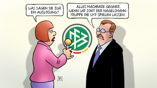 Cartoon: EM-Auslosung (medium) by Harm Bengen tagged europameisterschaft,fussball,dfb,em,auslosung,machbare,gegner,nagelsmann,truppe,u17,nationalmannschaft,interview,harm,bengen,cartoon,karikatur,europameisterschaft,fussball,dfb,em,auslosung,machbare,gegner,nagelsmann,truppe,u17,nationalmannschaft,interview,harm,bengen,cartoon,karikatur