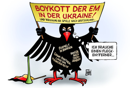 Cartoon: EM-Boykott (medium) by Harm Bengen tagged fussball,em,fahne,vuvuzela,europameisterschaft,boykott,drohung,ukraine,polen,deutschland,merkel,westerwelle,gauck,timoschenko,janukowitsch,gericht,prozess,korruption,haft,hungerstreik,justiz,willkuer,dfb,saudiarabien,china,partnerland,hannovermesse,bahrain,formel1,rennen,menschenrechte,fussball,em 2012,europameisterschaft,boykott,drohung,ukraine,timoschenko,em,2012