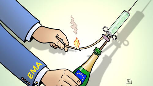 Cartoon: EMA-Startschuss (medium) by Harm Bengen tagged ema,startschuss,rakete,feuerwerk,sektflasche,eu,europa,spritze,impfstoff,zulassung,harm,bengen,cartoon,karikatur,ema,startschuss,rakete,feuerwerk,sektflasche,eu,europa,spritze,impfstoff,zulassung,harm,bengen,cartoon,karikatur