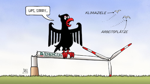 Cartoon: Enercon (medium) by Harm Bengen tagged klimaziele,arbeitsplätze,enercon,windrad,windenergie,energiewende,klimaschutz,klimawandel,bundesadler,harm,bengen,cartoon,karikatur,klimaziele,arbeitsplätze,enercon,windrad,windenergie,energiewende,klimaschutz,klimawandel,bundesadler,harm,bengen,cartoon,karikatur