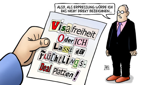 Cartoon: Erpressung (medium) by Harm Bengen tagged visafreiheit,türkei,erdogan,putsch,demokratie,flüchtlingsdeal,flüchtlinge,eu,harm,bengen,cartoon,karikatur,visafreiheit,türkei,erdogan,putsch,demokratie,flüchtlingsdeal,flüchtlinge,eu,harm,bengen,cartoon,karikatur