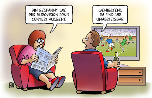 Cartoon: ESC und Fussball (medium) by Harm Bengen tagged esc,fussball,eurovision,song,contest,bundesliga,abstieg,unabsteigbar,tv,harm,bengen,cartoon,karikatur,esc,fussball,eurovision,song,contest,bundesliga,abstieg,unabsteigbar,tv,harm,bengen,cartoon,karikatur