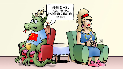Cartoon: EU-China-Gespräche (medium) by Harm Bengen tagged eu,europa,sessel,drache,china,gespräche,gipfel,zölle,wirtschaft,harm,bengen,cartoon,karikatur,eu,europa,sessel,drache,china,gespräche,gipfel,zölle,wirtschaft,harm,bengen,cartoon,karikatur