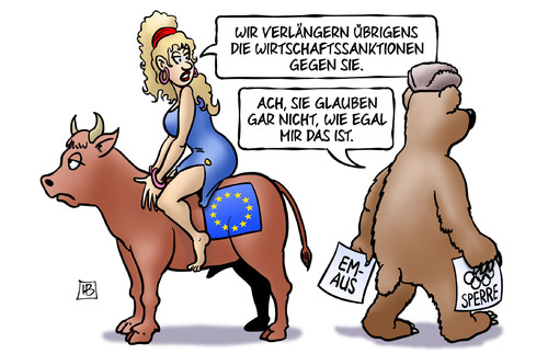 Cartoon: EU-Russland-Sanktionen (medium) by Harm Bengen tagged wirtschaftssanktionen,eu,europa,stier,baer,russland,egal,olympia,sperre,ausscheiden,em,fussball,europameisterschaft,harm,bengen,cartoon,karikatur,wirtschaftssanktionen,eu,europa,stier,baer,russland,egal,olympia,sperre,ausscheiden,em,fussball,europameisterschaft,harm,bengen,cartoon,karikatur