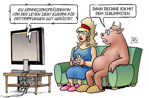 Cartoon: EU gerüstet (medium) by Harm Bengen tagged eu,kommissionspräsidentin,von,der,leyen,europa,drittimpfungen,gerüstet,tv,stier,pessimismus,harm,bengen,cartoon,karikatur,eu,kommissionspräsidentin,von,der,leyen,europa,drittimpfungen,gerüstet,tv,stier,pessimismus,harm,bengen,cartoon,karikatur