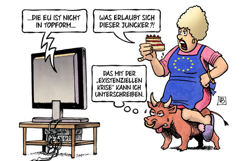 Cartoon: EU nicht in Topform (medium) by Harm Bengen tagged eu,europa,stier,topform,dick,fett,juncker,rede,existentielle,krise,tv,harm,bengen,cartoon,karikatur,eu,europa,stier,topform,dick,fett,juncker,rede,existentielle,krise,tv,harm,bengen,cartoon,karikatur