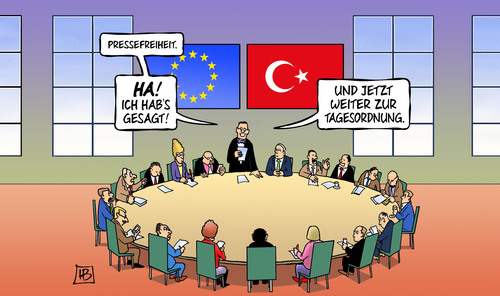 Cartoon: EU und Pressefreiheit (medium) by Harm Bengen tagged pressefreiheit,zeitung,tagesordnung,eu,europa,türkei,gipfel,flucht,flüchtlinge,abschreckung,verschärfung,harm,bengen,cartoon,karikatur,pressefreiheit,zeitung,tagesordnung,eu,europa,türkei,gipfel,flucht,flüchtlinge,abschreckung,verschärfung,harm,bengen,cartoon,karikatur