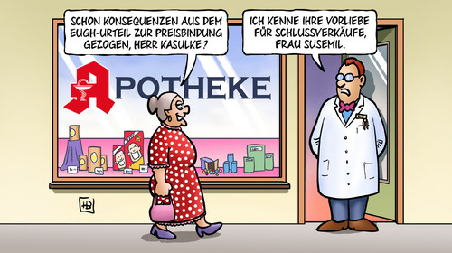 Cartoon: EuGH zu Apotheken (medium) by Harm Bengen tagged eugh,europäischer,gerichtshof,apotheken,konsequenzen,urteil,preisbindung,schlussverkauf,susemil,harm,bengen,cartoon,karikatur,eugh,europäischer,gerichtshof,apotheken,konsequenzen,urteil,preisbindung,schlussverkauf,susemil,harm,bengen,cartoon,karikatur