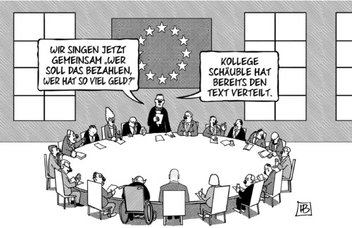 Cartoon: Euro-Fasching (medium) by Harm Bengen tagged eu,euro,europa,schäuble,lied,singen,pappnase,text,rosenmontag,griechischer,finanzminister,varoufakis,griechenland,wahl,karneval,fasching,harm,bengen,cartoon,karikatur