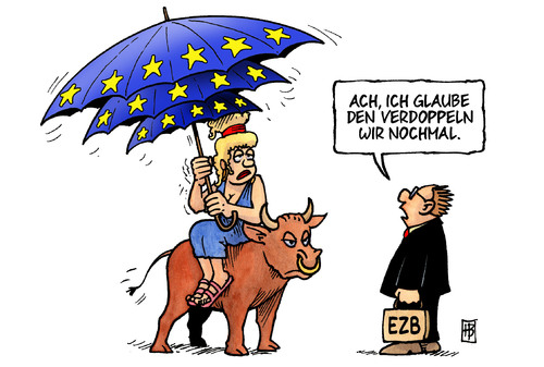 Cartoon: Euro-Rettungsschirm verdoppeln (medium) by Harm Bengen tagged euro,rettungsschirm,europa,stier,ezb,europaeische,zentralbank,trichet,krise,schulden,finanzen,griechenland,portugal,italien,euro,rettungsschirm,europa,stier,ezb,europäische,krise,schulden,finanzen