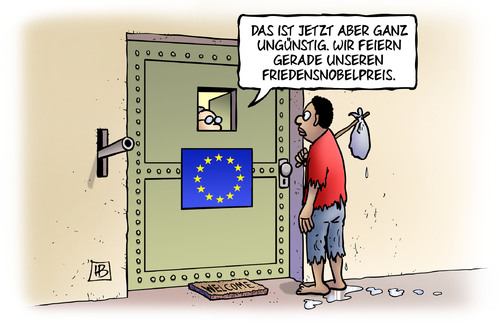 Cartoon: Europa mit Friedensnobelpreis (medium) by Harm Bengen tagged europa,eu,friedensnobelpreis,oslo,verleihung,2012,festung,flüchtlingspolitik,asyl,aussengrenzen,ausgrenzen,schengen,harm,bengen,cartoon,karikatur,europa,eu,friedensnobelpreis,oslo,verleihung,2012,festung,flüchtlingspolitik,asyl,aussengrenzen,ausgrenzen,schengen,harm,bengen,cartoon,karikatur