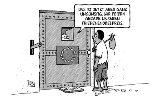 Cartoon: Europa mit Friedensnobelpreis (medium) by Harm Bengen tagged europa,eu,friedensnobelpreis,oslo,verleihung,2012,festung,flüchtlingspolitik,asyl,aussengrenzen,ausgrenzen,schengen,harm,bengen,cartoon,karikatur