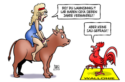 Cartoon: Europa und Wallonie (medium) by Harm Bengen tagged stier,hahn,europa,eu,kanada,wallonie,wallone,belgien,ceta,freihandelsabkommen,harm,bengen,cartoon,karikatur,stier,hahn,europa,eu,kanada,wallonie,wallone,belgien,ceta,freihandelsabkommen,harm,bengen,cartoon,karikatur