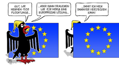 Cartoon: Europäische Lösung (medium) by Harm Bengen tagged europäische,lösung,flüchtlinge,griechenland,lager,bundesadler,europa,fahne,verstecken,moria,brand,flüchtlingslager,refugees,eu,verantwortung,harm,bengen,cartoon,karikatur,europäische,lösung,flüchtlinge,griechenland,lager,bundesadler,europa,fahne,verstecken,moria,brand,flüchtlingslager,refugees,eu,verantwortung,harm,bengen,cartoon,karikatur