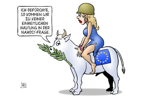 Cartoon: Europas Nahost-Haltung (medium) by Harm Bengen tagged einheitlichen,haltung,nahost,frage,eu,europa,stier,stahlhelm,palmzweig,gaza,israel,hamas,palästina,terror,krieg,harm,bengen,cartoon,karikatur,einheitlichen,haltung,nahost,frage,eu,europa,stier,stahlhelm,palmzweig,gaza,israel,hamas,palästina,terror,krieg,harm,bengen,cartoon,karikatur