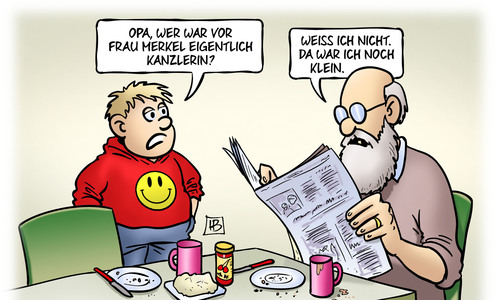 Cartoon: Ewige Kanzlerin (medium) by Harm Bengen tagged opa,enkel,kind,klein,zeitung,merkel,kanzlerin,kandidatur,cdu,bundestagswahl,harm,bengen,cartoon,karikatur,opa,enkel,kind,klein,zeitung,merkel,kanzlerin,kandidatur,cdu,bundestagswahl,harm,bengen,cartoon,karikatur