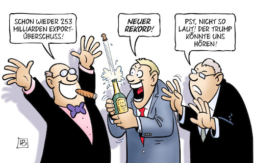 Cartoon: Exportüberschuss 2016 (medium) by Harm Bengen tagged 253,milliarden,export,überschuss,rekord,wirtschaft,aussenhandel,defizit,trump,kritik,deutschland,usa,sekt,champagner,feiern,jubel,freude,harm,bengen,cartoon,karikatur,253,milliarden,export,überschuss,rekord,wirtschaft,aussenhandel,defizit,trump,kritik,deutschland,usa,sekt,champagner,feiern,jubel,freude,harm,bengen,cartoon,karikatur