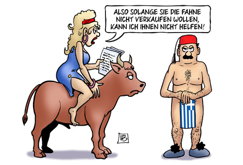 Cartoon: Fahne verkaufen (medium) by Harm Bengen tagged fahne,verkaufen,griechenland,schulden,eu,europa,stier,hilfe,reformprogramm,athen,brüssel,nackt,arm,harm,bengen,cartoon,karikatur,fahne,verkaufen,griechenland,schulden,eu,europa,stier,hilfe,reformprogramm,athen,brüssel,nackt,arm,harm,bengen,cartoon,karikatur