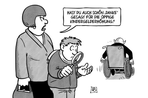 Cartoon: Familienpaket (medium) by Harm Bengen tagged familienpaket,danke,kindergelderhoehung,kindergeld,kinder,mutter,alleinerziehend,schäuble,finanzminister,geld,lupe,harm,bengen,cartoon,karikatur