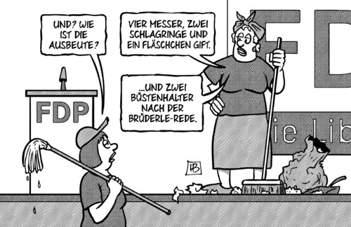 Cartoon: FDP-Ausbeute (medium) by Harm Bengen tagged ausbeute,messer,schlagringe,gift,intrige,streit,wahlen,fdp,parteitag,büstenhalter,bh,sexismus,brüderle,rösler,dirndl,rede,putzfrauen,harm,bengen,cartoon,karikatur