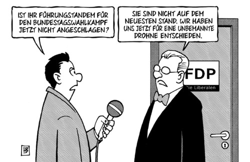 Cartoon: FDP-Drohne (medium) by Harm Bengen tagged führungstandem,führung,tandem,brüderle,rösler,fdp,sexismus,belästigung,stern,bundestagswahlkampf,angeschlagen,unbemannte,drohne,harm,bengen,cartoon,karikatur