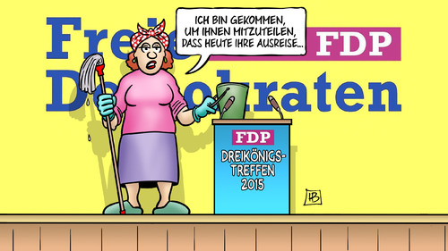 Cartoon: FDP 2015 (medium) by Harm Bengen tagged fdp,dreikönigstreffen,parteitag,2015,magenta,ausreise,genscher,putzfrau,lindner,stuttgart,harm,bengen,cartoon,karikatur,fdp,dreikönigstreffen,parteitag,2015,magenta,ausreise,genscher,putzfrau,lindner,stuttgart,harm,bengen,cartoon,karikatur