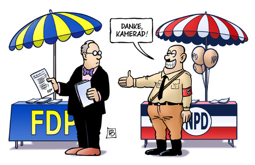 Cartoon: FDP und NPD (medium) by Harm Bengen tagged fdp,npd,verbot,verbotsantrag,bundestag,bundesregierung,bundesrat,bverfg,bundesverfassungsgericht,rechtsradikalismus,faschisten,dummheit,verbieten,partei,parteienverbot,wahl,wahlkampf,kamerad,harm,bengen,cartoon,karikatur,fdp,npd,verbot,verbotsantrag,bundestag,bundesregierung,bundesrat,bverfg,bundesverfassungsgericht,rechtsradikalismus,faschisten,dummheit,verbieten,partei,parteienverbot,wahl,wahlkampf,kamerad,harm,bengen,cartoon,karikatur