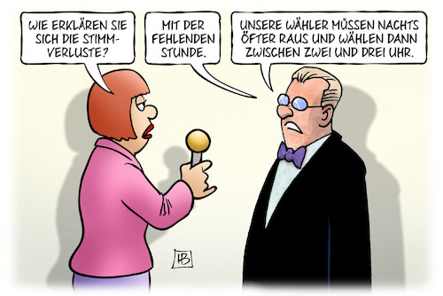 Cartoon: Fehlende Stunde (medium) by Harm Bengen tagged stimmverluste,fehlenden,stunde,wähler,wahl,sommerzeit,zeitumstellung,interview,harm,bengen,cartoon,karikatur,stimmverluste,fehlenden,stunde,wähler,wahl,sommerzeit,zeitumstellung,interview,harm,bengen,cartoon,karikatur