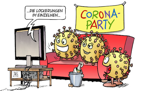 Cartoon: Feiern bei Covids (medium) by Harm Bengen tagged lockerungen,tv,sekt,feiern,party,corona,coronavirus,ansteckung,pandemie,epidemie,krankheit,schaden,harm,bengen,cartoon,karikatur,lockerungen,tv,sekt,feiern,party,corona,coronavirus,ansteckung,pandemie,epidemie,krankheit,schaden,harm,bengen,cartoon,karikatur