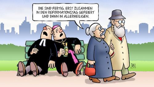 Cartoon: Feiertage (medium) by Harm Bengen tagged feiertage,reformationstag,gefeiert,allerheiligen,kirche,evangelisch,katholisch,bank,stadtkulisse,susemil,harm,bengen,cartoon,karikatur,feiertage,reformationstag,gefeiert,allerheiligen,kirche,evangelisch,katholisch,bank,stadtkulisse,susemil,harm,bengen,cartoon,karikatur