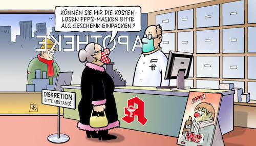 Cartoon: FFP2-Geschenk (medium) by Harm Bengen tagged kostenlose,gratis,ffp2,masken,geschenk,einpacken,corona,apotheke,susemil,harm,bengen,cartoon,karikatur,kostenlose,gratis,ffp2,masken,geschenk,einpacken,corona,apotheke,susemil,harm,bengen,cartoon,karikatur