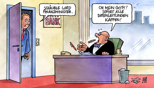 Cartoon: Finanzminister Schäuble (medium) by Harm Bengen tagged finanzminister,schäuble,koalition,koalitionsverhandlungen,cdu,csu,fdp,merkel,regierung,bank,daten,datenleitung,bespitzelung,onlinedurchsuchung,bankgeheimnis,finanzminister,wolfgang schäuble,koalition,schäuble,koalitionsverhandlungen,cdu,csu,fdp,angeal merkel,regierung,bank,daten,datenleitung,onlinedurchsuchung,bankgeheimnis,datenklau,datenhandel,wolfgang,angeal,merkel