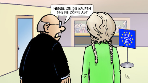 Cartoon: Fit for 55 (medium) by Harm Bengen tagged zöpfe,zopf,vdl,leyen,eu,kommission,klimaschutzpaket,fit,for,55,europa,pressekonferenz,thunberg,harm,bengen,cartoon,karikatur,zöpfe,zopf,vdl,leyen,eu,kommission,klimaschutzpaket,fit,for,55,europa,pressekonferenz,thunberg,harm,bengen,cartoon,karikatur