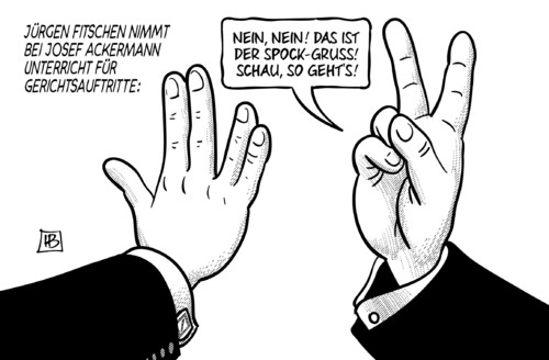 Cartoon: Fitschen vor Gericht (medium) by Harm Bengen tagged fitschen,josef,ackermann,kopper,unterricht,gericht,auftritt,prozess,justiz,verfahren,deutsche,bank,spock,gruss,victory,sieg,llap,harm,bengen,cartoon,karikatur